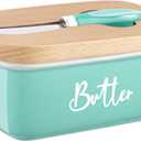 ALELION Turquoise Butter Dish with Lid and Knife for Countertop, Ceramic Butter Container with Beech Wood Lid, Airtight Butter Keeper for Counter or Fridge, for Teal Kitchen Decor and Accessories