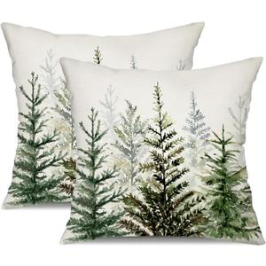 DFXSZ Christmas Pillow Covers 18x18 inch Set of 2 Watercolor Blue Green Christmas Tree Rustic Style Nature Forest Print Decorative Throw Pillows Winter Xmas Decor TH-32B18