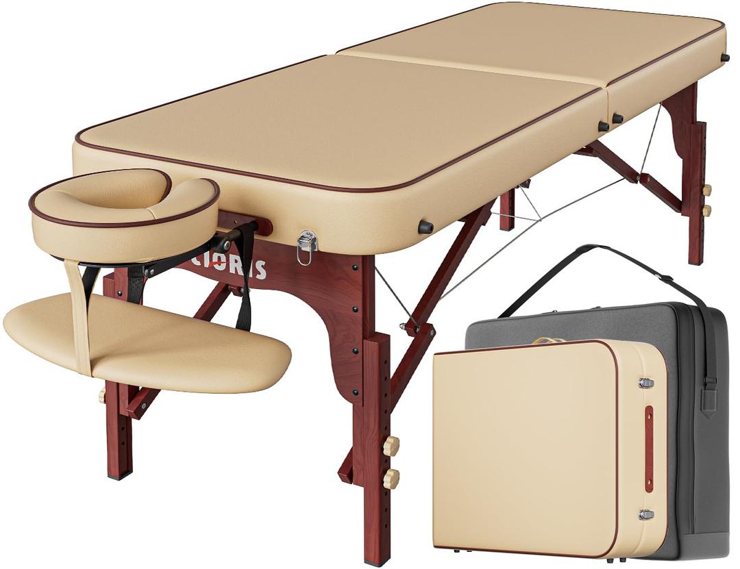 CLORIS 84" Professional Massage Table Portable Reinforced Wooden Leg Hold Up to 1100LBS 2 Folding Lightweight Spa Solon Tattoo Massage Bed Height Adjustable with Carrying Bag (Cream-brown Edge)