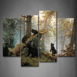 Black Bear Wall Art Bears Play in Forest Broken Tree Canvas Painting The Picture Print On Canvas Animal Pictures for Home Decor Decoration Gift