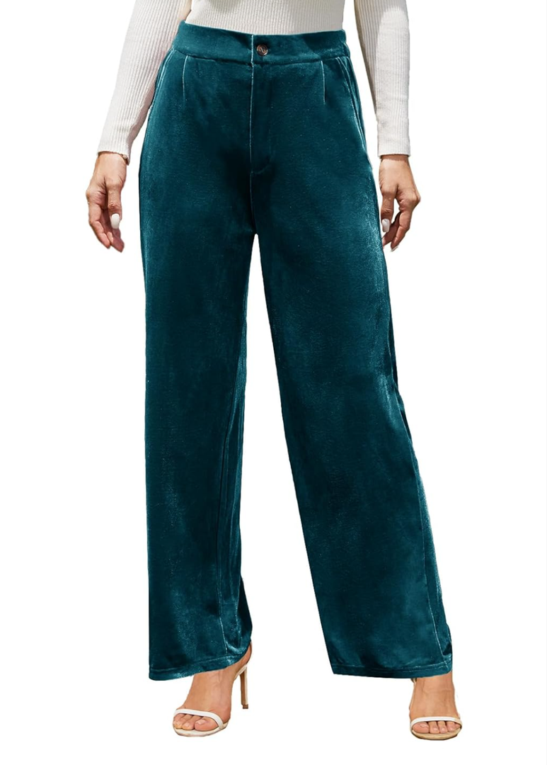 Velvet Pants for Women Dressy Women Casual Wide Leg Pants Stretchy High Waisted Velour Palazzo Pants ,Size L
