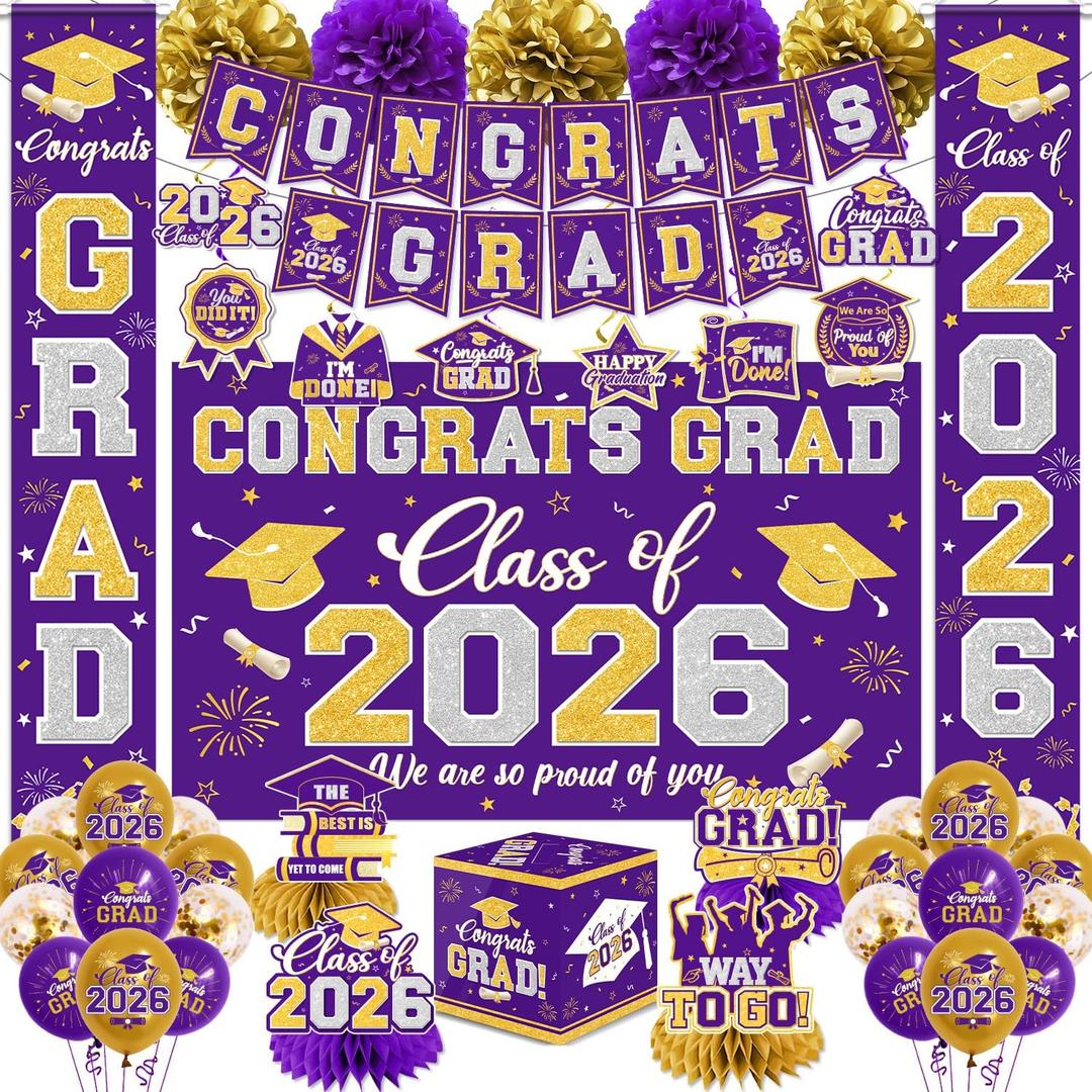 Graduation Decorations Class of 2026 Purple and Gold Graduation Decorations with Congrats Grad Banner,Backdrop,Porch Sign,Balloons,Hanging Swirls,Honeycomb Centerpieces,Box for Graduation Party Decor