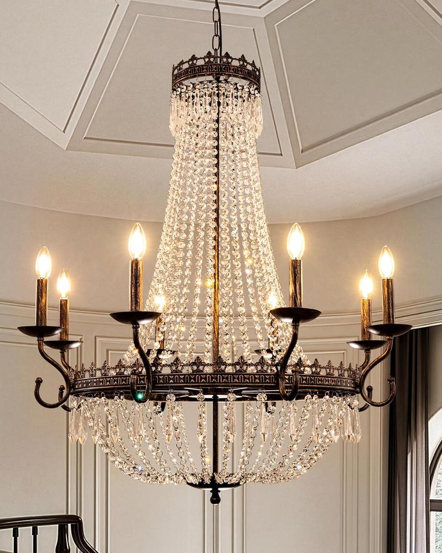 TOCHIC French Empire Crystal Chandelier, Rustic Chandelier Ceiling Light for Foyer Entryway High Ceiling, Vintage Antique Bronze Chandelier Light Fixture for Dining Living Room 36.4" W x 40.5" H