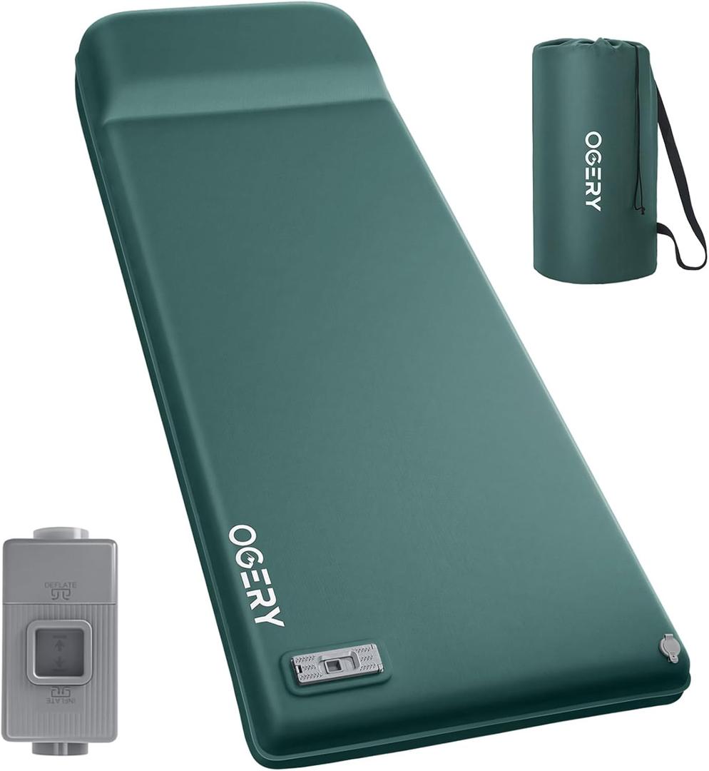 OGERY Self Inflating Sleeping Pad with Electric Pump, 3.15" Ultra-Thick Memory Foam Camping Pad, 4 Season Camping Mattress Pad with Built-in Pillow, Camping Essentials Gear for Tent Travel Car (Green)
