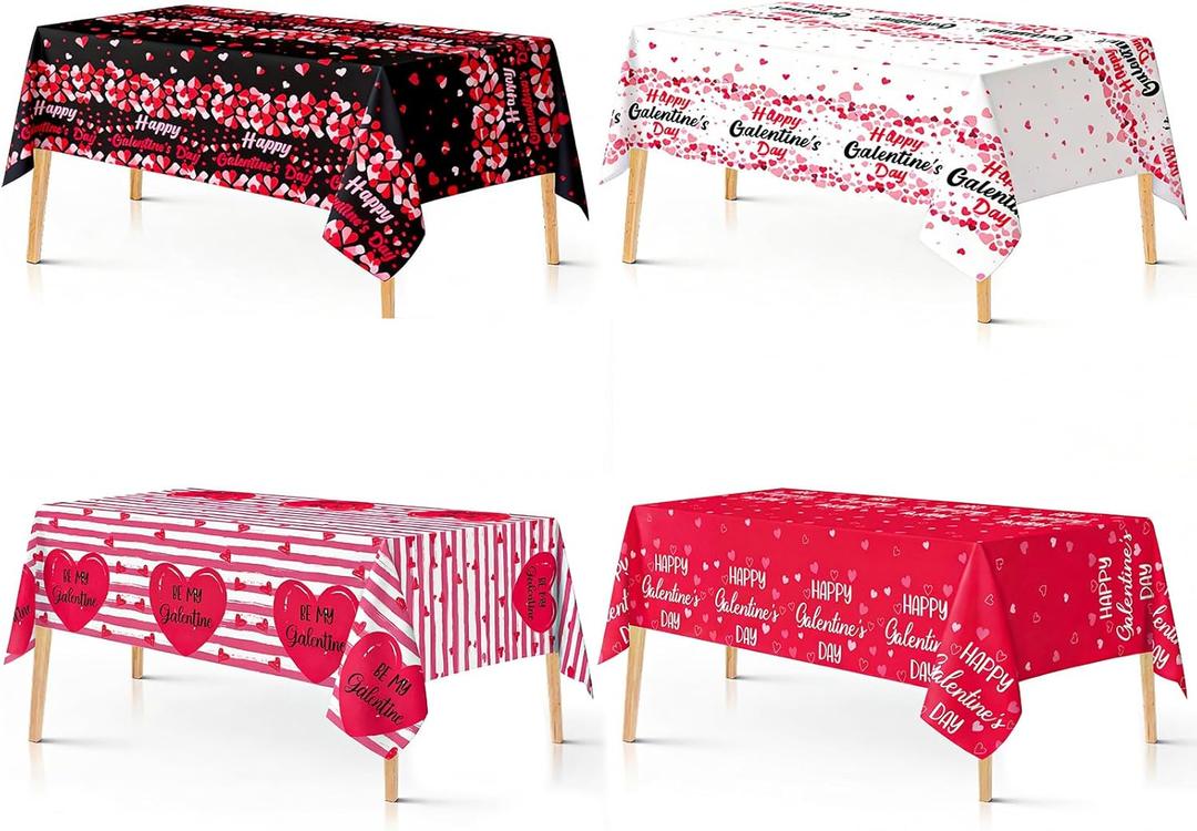 3 x 4 Packs Galentine's Day Tablecloths Decorations 54 x 108 Inch Red Heart Happy Galentine's Disposable Plastic Waterproof Tablecloths for Valentine's Weddings Birthday Party Picnic