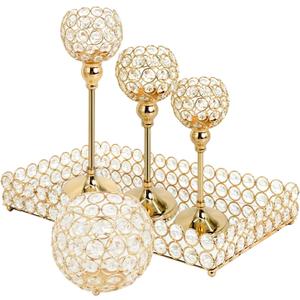 5 Pack Golden Crystal Candle Holders Table Centerpieces with Rectangular Mirror Tray Elegant Tea Light Candelabras for Dining Room Decoration Wedding Holiday Birthday Party