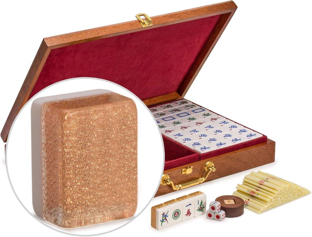 Yellow Mountain Imports Classic Chinese Mahjong Game Set, Champagne Gold - with 148 Medium Size Tiles and a Wooden Case - for Chinese Style Game Play