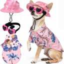 Small Summer T-Shirts Set Include Adjustable Pet Hat with Ear Holes Breathable Hawaiian Dog Shirt Heart Shape Sunglasses Beach Outfit Set for Puppy Small Medium Pets Dog Cat(Pink,M)