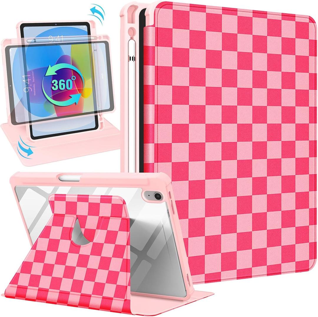 Uppuppy for iPad A16 Case - for iPad 10th Generation Case 10.9 Inch Women Girls Cute Girly Teens Kids Pretty Checkered Unique Aesthetic Rotating Stand Folio Tablet Cover for Apple 10/11 2025 (HotPink Plaid)