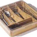 Kitchen Drawer Organizer, 13 Inch Silverware Utensil Tray Holder,with Removable Lid, 5 Slots Total Bamboo Wood Caddy for Flatware Cutlery Knives, Forks, Spoons.