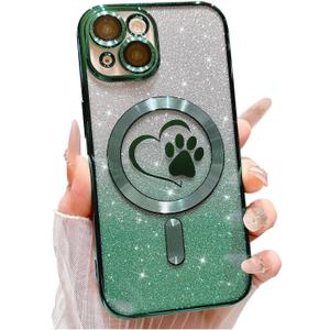 for iPhone 13 Case, Glitter Clear Cute Paw Love Heart, Compatible with MagSafe, Strong Magnetic Full Camera Lens Protection Cover, Soft Slim Bling Phone Case 6.1" - Green