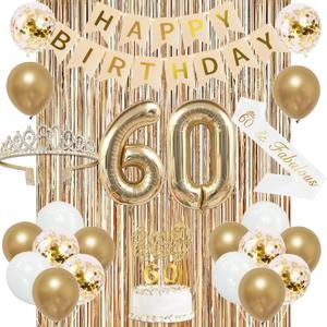 Trgowaul 60th Birthday Decorations for Women, Banner, Sash and Crown, Cake Topper, 60 Number Balloon, Fringe Curtains, Champagne Gold 60th Birthday Party Supplies