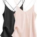 Ekouaer Womens Silk Satin Camisole Tank Tops V Neck Spaghetti Strap Blouses Cross Back Sleeveless Cami Shirt (Medium, Black+champagne)