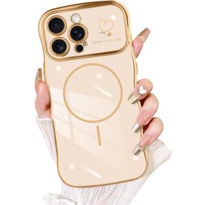 Fiyart Designed for iPhone 16 Pro Max Case, Cute Wave Frame Curly Shape Love Hearts Plating for Women Girls Camera Protection Compatible with MagSafe Magnetic Shockproof Bumper 6.9"-Pink