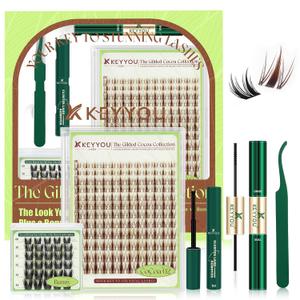 KEYYOU Brown Fairy Lash Clusters Kit - Spiky Anime C Curl Manga 8-16mm Lash Extension Kit Includes Bonus Bunny Black Lashes with Bond and Seal, Remover & Applicator for DIY At Home (CoCoa02)