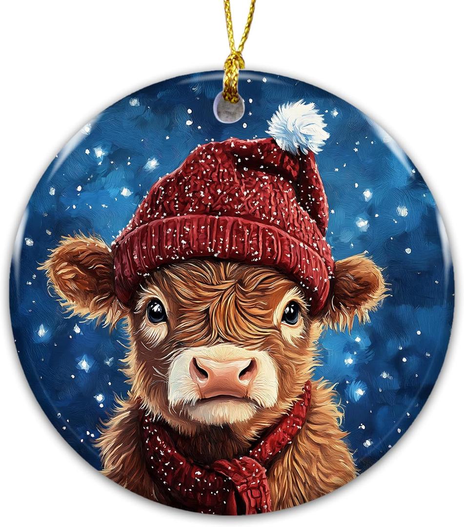 Highland Cow Christmas Ornament 2025  Cute Farm Animal Ceramic Ornament with Red Hat & Scarf, Rustic Farmhouse Country Christmas Tree Decoration, Cow Lover Gift, Holiday Keepsake Ornament
