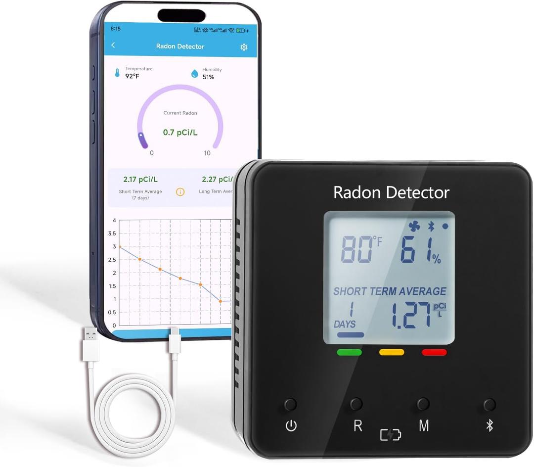 Bluetooth Radon Detector for Home & Basement, Portable Radon Test Kit with Real Time Gas Concentration, Temp & Humidity Monitoring, App Alerts, Detect Hidden Risks and Breathe with Confidence