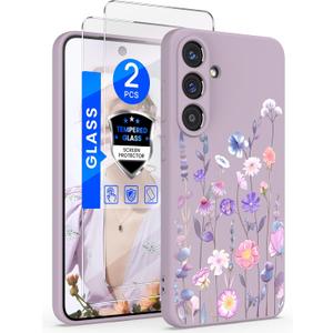 Yucenx for Samsung Galaxy S25 FE 5G Case with 2X Screen Protector, Girls Women Florals Liquid Silicone Phone Case, Shockproof Anti-Scratch Soft Protection Case for Galaxy S25 FE 5G (Colorful)
