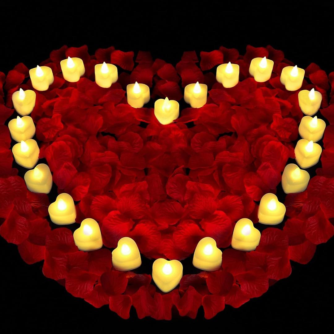 Childom Valentines Decorations,Red Rose Petals and Candles Set,1000 Pcs Fake Rose Petals with 24 Pcs LED Heart Candles,Silk Roses Petals for Romantic Night Decorations for Bedroom,Welcome Home