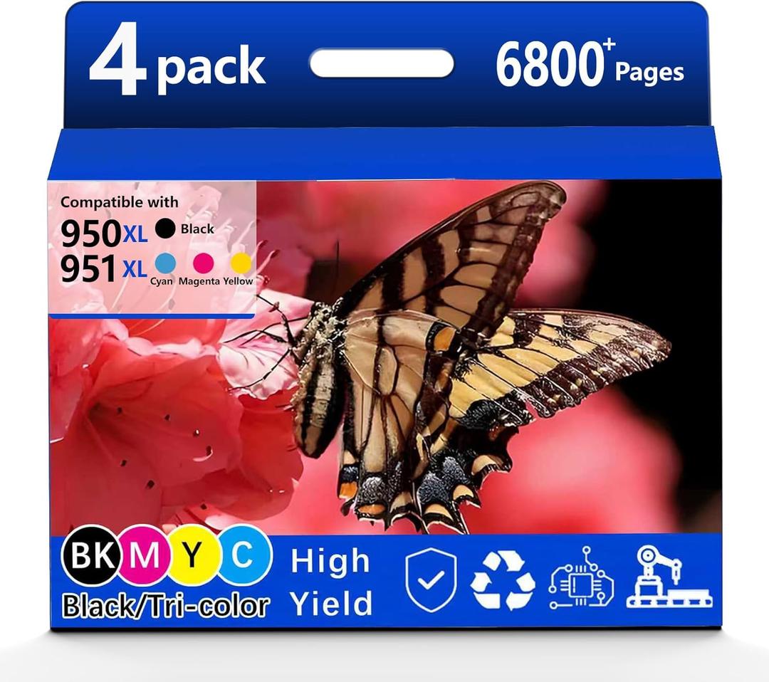 4 Pack 950XL 951XL Ink Cartridges Combo Pack Replacement for HP 950 951 Ink Cartridges for HP OfficeJet Pro 8100 8110 8600 8610 8615 8616 8620 8625 8630 8640 8660 251DW 276DW 271DW, (BK, C, M, Y)