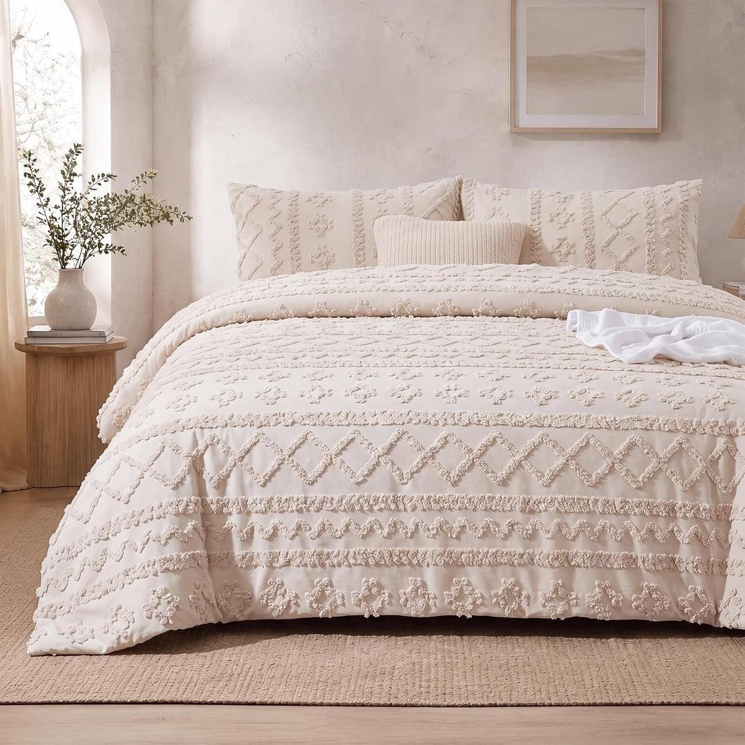Tranqun 3 Pcs Twin XL Size Boho Duvet Cover Set Tufted Cream Bedding, Vintage Embroidery Jacquard Textured Soft Breathable All Season Bedding for Modern Farmhouse Bedroom Decor