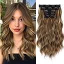 KooKaStyle Short Hair Extensions 6PCS 14 Inch Wavy Curly Hairpieces Synthetic Soft Lace Weft Clip in Hair Extensions-Light Brown with Caramel Blonde for Women