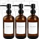 Set of 3 Amber Glass 16.9oz Soap Dispensers with 22 White Labels Bathroom Liquid Bottle Container with Black Pump