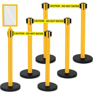Therwen 6 Pack Heavy Duty Crowd Control Stanchions 9.8 ft Stainless Steel Stanchion Set with 6 Safety Barrier Post Retractable Belt and 1 Sign Holder Crowd Control Barrier (Yellow,Caution Belt)