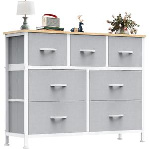 OLIXIS 7 Drawer Closet Organizer Chest, Fabric Storage Tower with Sturdy Steel Frame, Wooden Top & Easy Pull Fabric Bins, Dresser for Bedroom Living Room Entryway Clothes Organization, Light Gray, 39.4"D x 11.8"W x 30"H