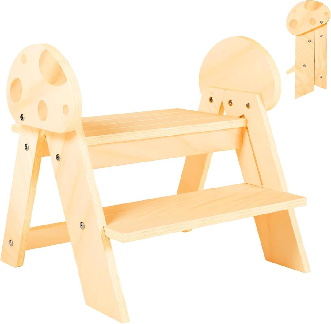 Wooden Toddler Step Stool, 2-Step Foldable Stool for Kids with Non-Slip Surface, Baby Bathroom Stool for Potty Training, Bathroom Sink, Kitchen Counter with Cute Mushroom Design, Natural