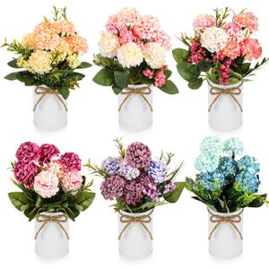 6 Sets Flower Centerpieces for Tables Decor Artificial Hydrangeas with Vase and Hemp Rope Floral Arrangement Faux Flowers Fake Hydrangea Bouquets for Table Wedding Home Office Party (Bright Color)