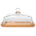 MKLZ Glass Butter Dish with Bamboo Lid, Clear Domed Cheese Dish with Handle, Large Butter Keeper Saver with Cover for Table, Kitchen Countertop, Refrigerator