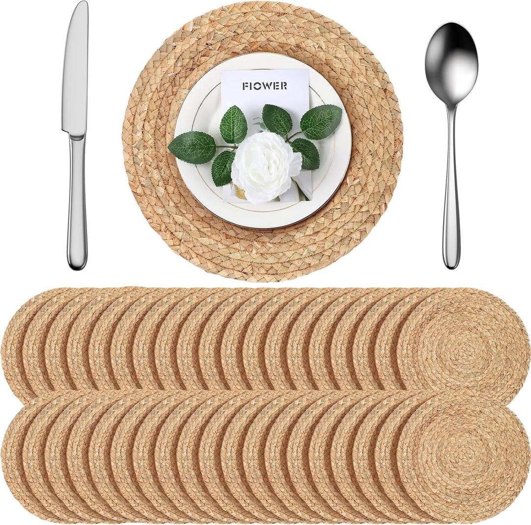 FoldTier 40 Pcs Round Placemats Bulk Plate Chargers Set 11.8 Inch Woven Placemat Rustic Braided Straw Rattan Charger Natural Water Hyacinth Place Mat for Wedding Party Table Single Tableware Use