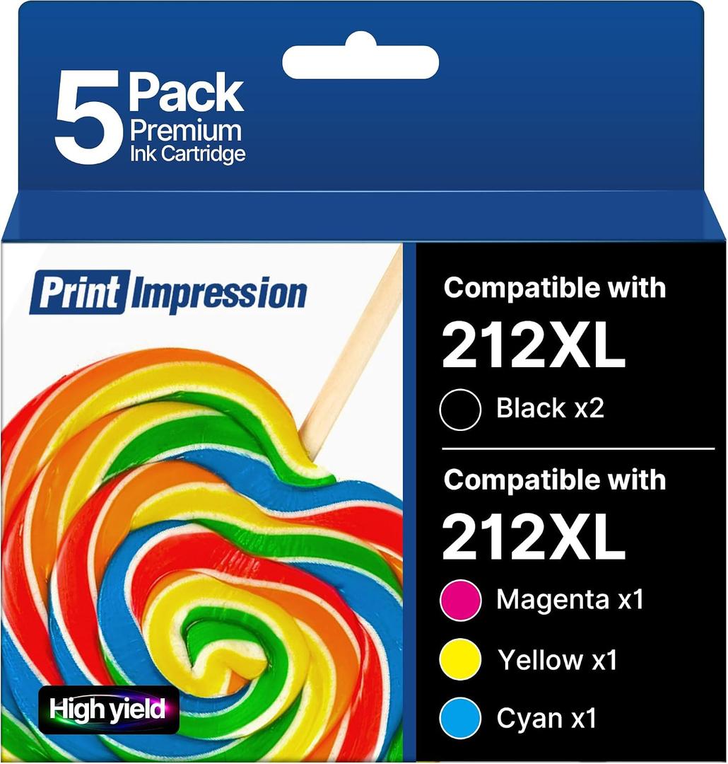 for 212XL Ink 212 XL High Capacity Combo Pack Remanufactured for Epson 212 Ink Cartridges for XP-4100 XP-4105 WF-2830 WF-2850 (2 Black, 1 Cyan, 1 Magenta, 1 Yellow, 5 Pack)