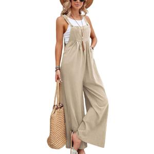 CHARTOU Women's Bib Overalls Sleeveless Loose Wide Leg Jumpsuits Rompers with Pockets (Light Khaki, X-Large)