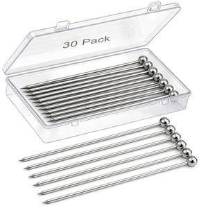30 Pcs Metal Cocktail Picks, AIMEIKI Stainless Steel Cocktail Skewer Reusable Martini Olive Picks Garnish Toothpick for Drinks Appetizers Fruit BBQ Snacks with Box, 4.3 inch