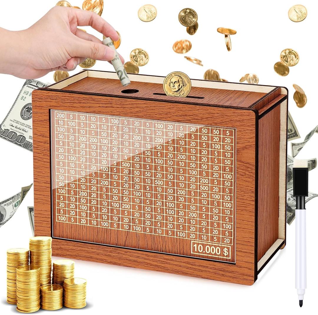 Homgaty Wooden Money Box for Cash Gift Piggy Bank for Teenager Adults, Countdown Money Saving Box with 10000 Dollars Target, Money Box with Money Target and Numbers to Check for (10000 USD)
