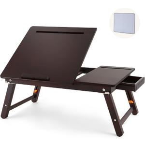 Nnewvante Laptop Desk, Height & Angle Adjustable Lap Desk Bed Tray Table, Foldable Laptop Table with Drawer, Mouse Pad, Tablet & Phone Slots for Working Reading Writing Eating, Black Walnut