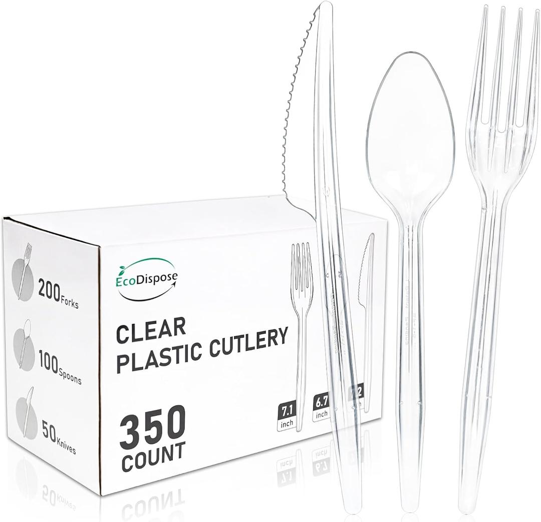EcoDispose 350 Count Heavy Duty Disposable Silverware, BPA-Free Plastic Cutlery Set - 200 Forks, 100 Spoons, 50 Knives for Parties, Weddings, Catering & Daily Use