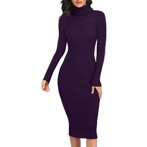 v28 Women Stretchable Knitted Long Sleeve Slim Fitted Ribbed Soft Sweater Dress (Purple, M)