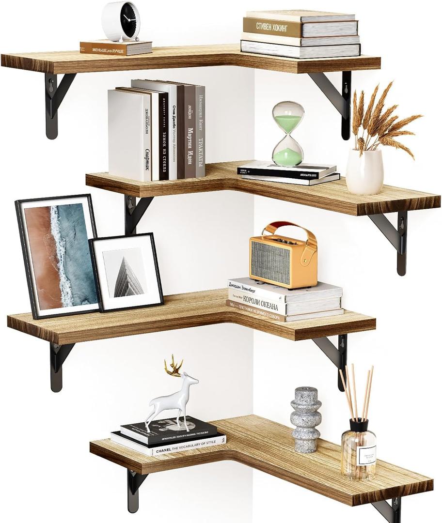 Amada HOMEFURNISHING Corner Floating Shelves, Set of 4 Corner Shelves Wall Mounted, Shelves for Wall Decor, Corner Wood Shelves for Home Decor, Office, Bedroom, Bathroom, Laundry Room, Kitchen