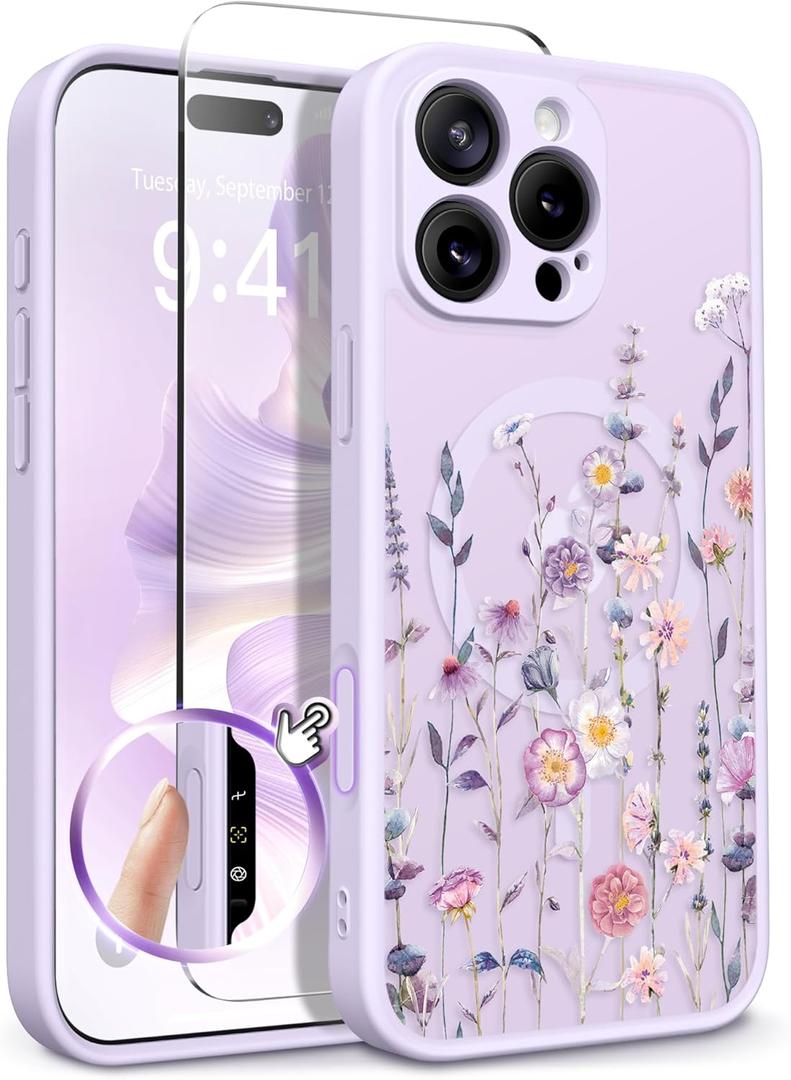 GVIEWIN for iPhone 16 Pro Max Case Compatible with MagSafe, [Military Grade Protection] [Screen Protector] Full Camera Protection Floral Translucent Women Magnetic Phone Case, Floratopia/Colorful