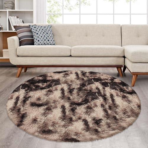 ATRUG 5 ft Round Fluffy Brown Rug for Bedroom,Tie Dyed Furry Round Carpet Non Slip Fuzzy Shaggy Plush Circle Area Rug Rug for Living Room Teen Room Nursery Room Playroom Kids Room Home Decor Washable