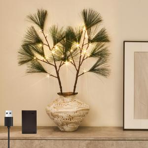 Fudios Lighted Pine Branches with Timer 32IN Battery Operated or USB Plug In, Lit Willow Branches with Lights for Christmas Fireplace Mantle Decor (Dark Green)