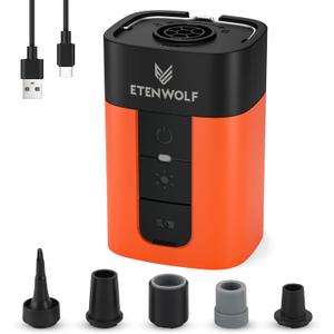 ETENWOLF Air Pump for Inflatables, 10400 mAh Portable Electric Air Pump with Camping Light, 4X Quick Inflator & Deflator, 720 L/min Pump for Pool Floats, Air Mattress, Vacuum Storage Bags (Vivid Orange)