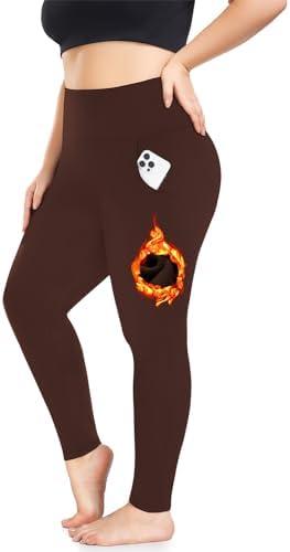Plus Size Fleece Lined Leggings with Pockets for Women High Waisted Warm Thermal Winter Yoga Pants for Workout, Brown