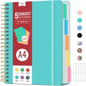 Large Spiral Lined Notebooks for Work With Removable Dividers & Tabs, 8.5"x11" Hardcover 5 Subject Notebook for Note Taking & Organizer, A4 College Ruled Journal for Women & Writing, Aquamarine, 280 Pages