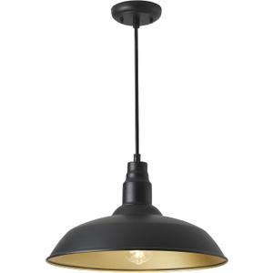 Farmhouse Pendant Light with 16 Inch Dome for Outdoor and Indoor Use, Barn Style Hanging Light for Kitchen Dining Room, Adjustable Height, Matte Black Exterior/Brass Interior