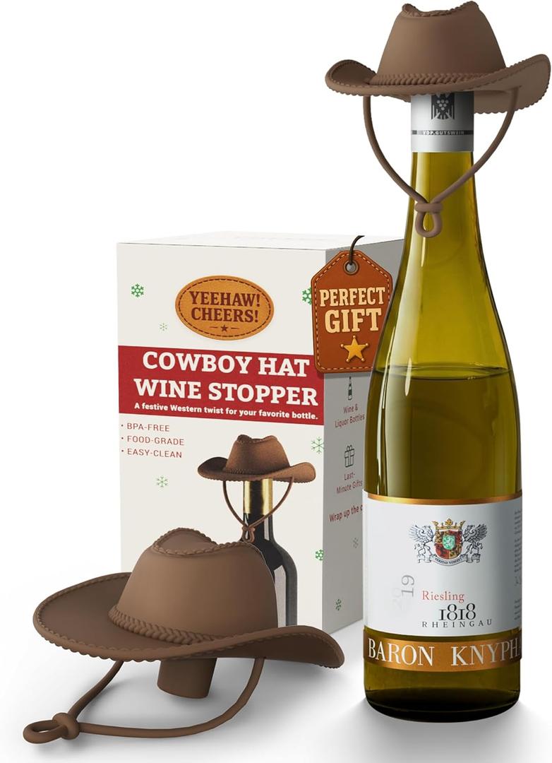 Cowboy Hat Wine Stopper, Funny Wine Gift for Wine Lovers, Wine Accessories, Silicone Bottle Stopper Keeps Wine Fresh, Stocking Stuffers White Elephant Gifts for Adults Men Women
