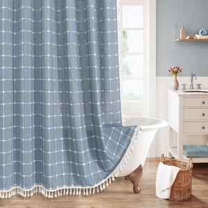 MitoVilla Blue Boho Shower Curtains for Modern Farmhouse Bathroom Decor, Vintage Country Thick Polyester Linen Fabric Shower Curtain, Rustic Tassel Cloth Shower Curtain, 72 x 72